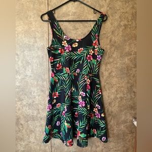 Tropical Vacation Spring Summer Skater Sleeveless Dress Black Green Floral Sz M